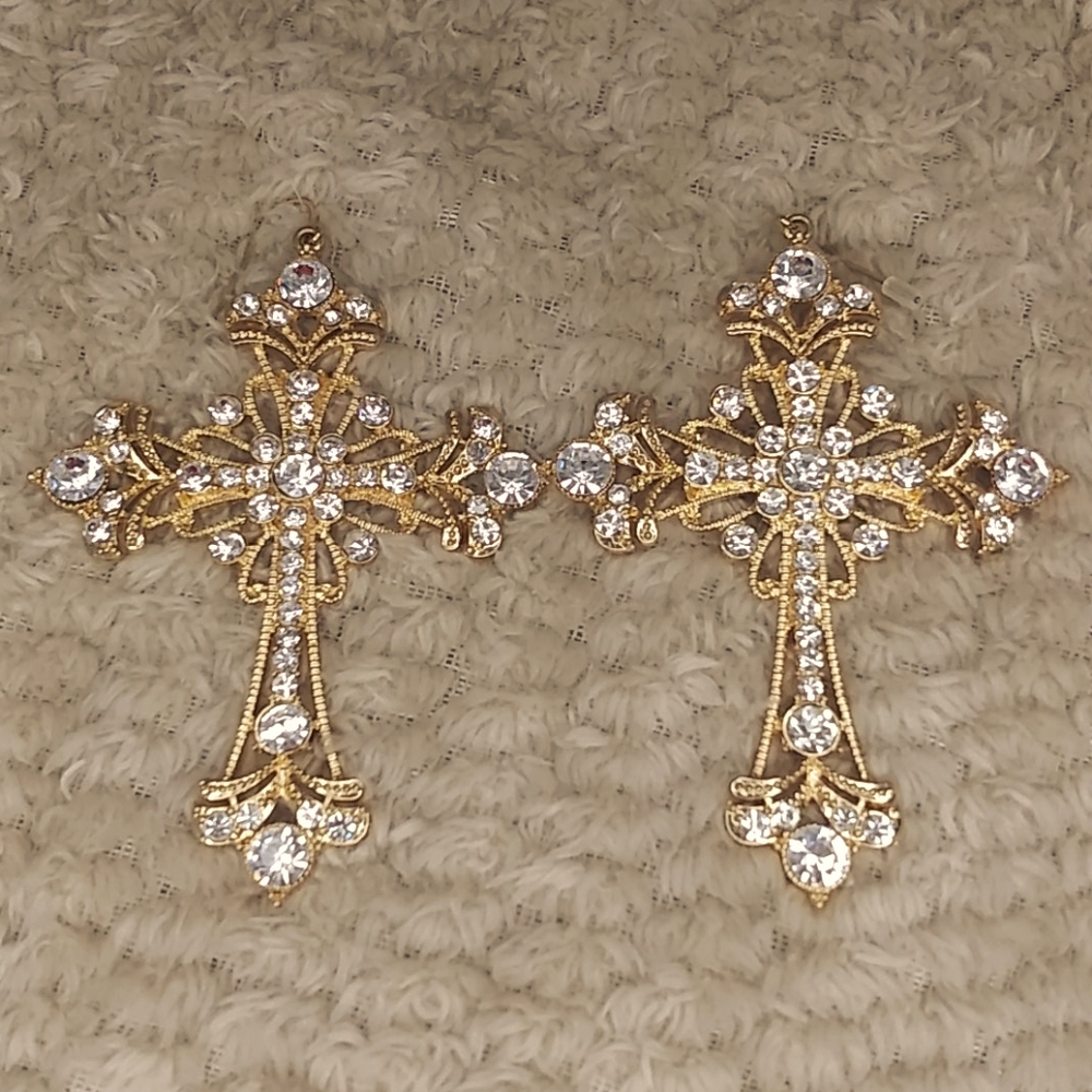 Cross Earrings Gold Tone Clear Crystal Heavy Bulky
